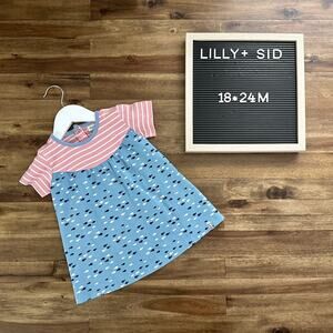 NEW Lilly + Sid Organic Cotton Mixed Print Pink Striped Blue Fish Dress 18/24M